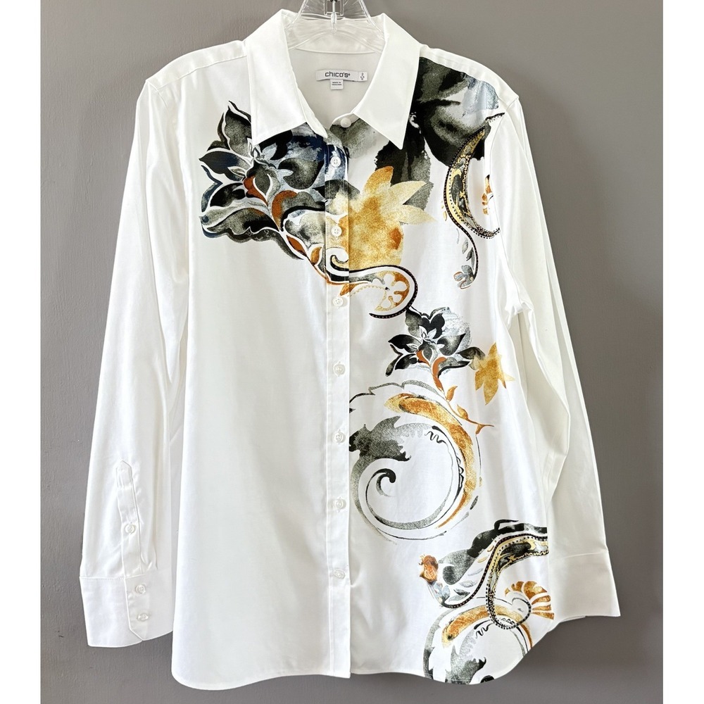 Chicos Floral Button Up Blouse 2 (US 12) White Floral Designer Party Office
